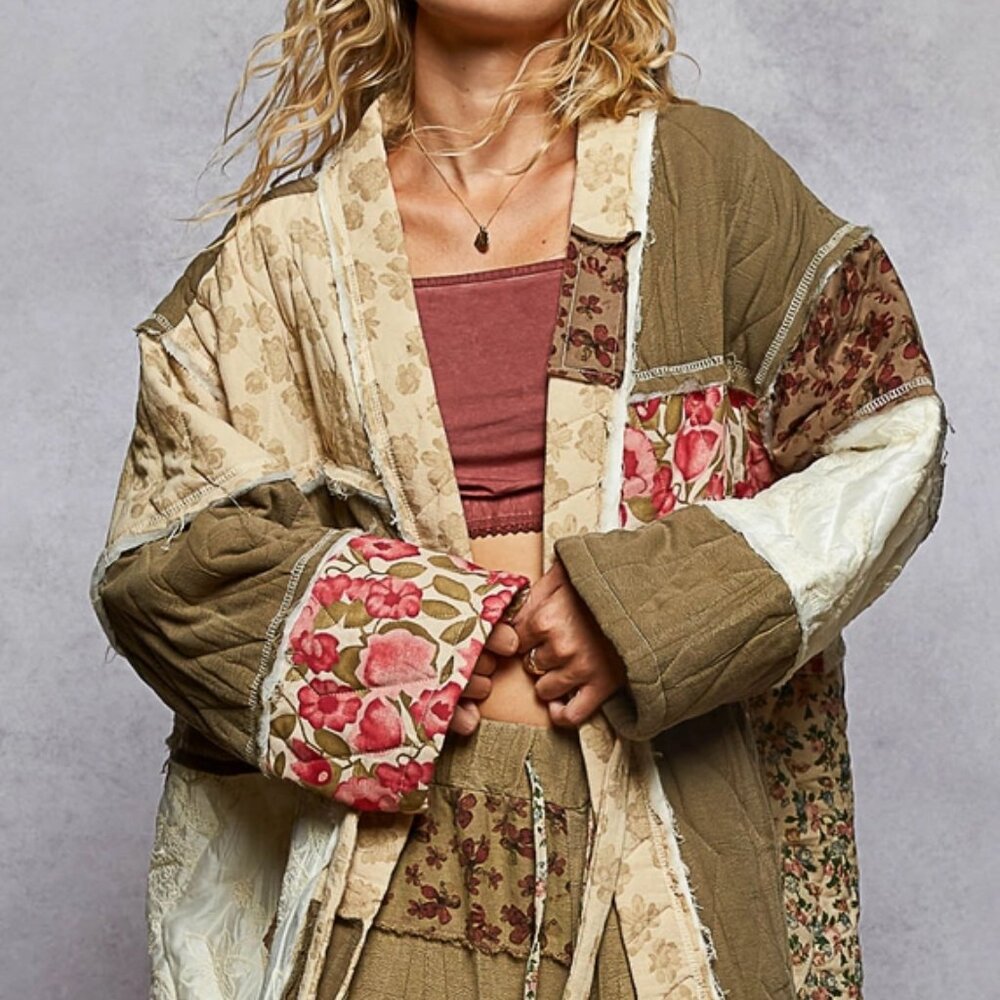 POL Long Sleeve Patchwork Quilted Kimono Jacket